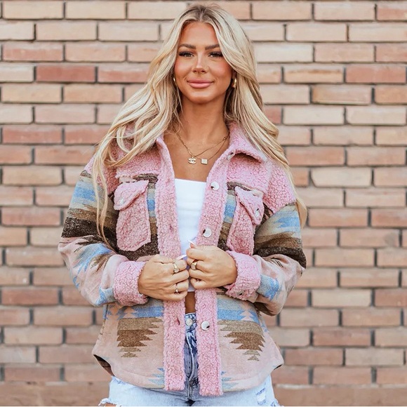 Boho geometric oversized Sherpa button up jacket - Picture 1 of 9